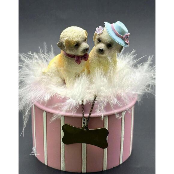 Other - Adorable Dog Figurines Trinket Box Pink Storage W Neck Tag & Feathers